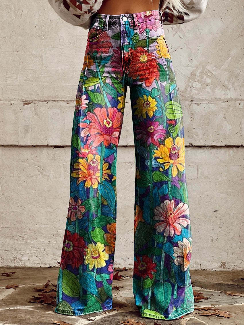 Ēden - Vintage Broek met Wijde Pijpen en Trendy Print