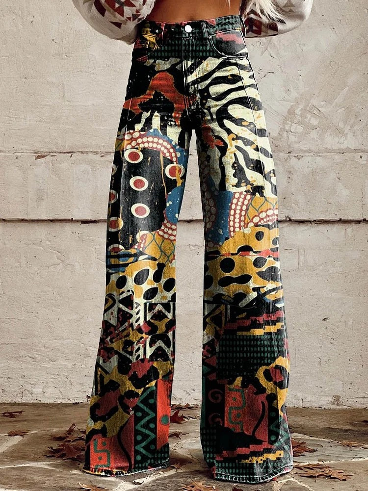 Ēden - Vintage Broek met Wijde Pijpen en Trendy Print