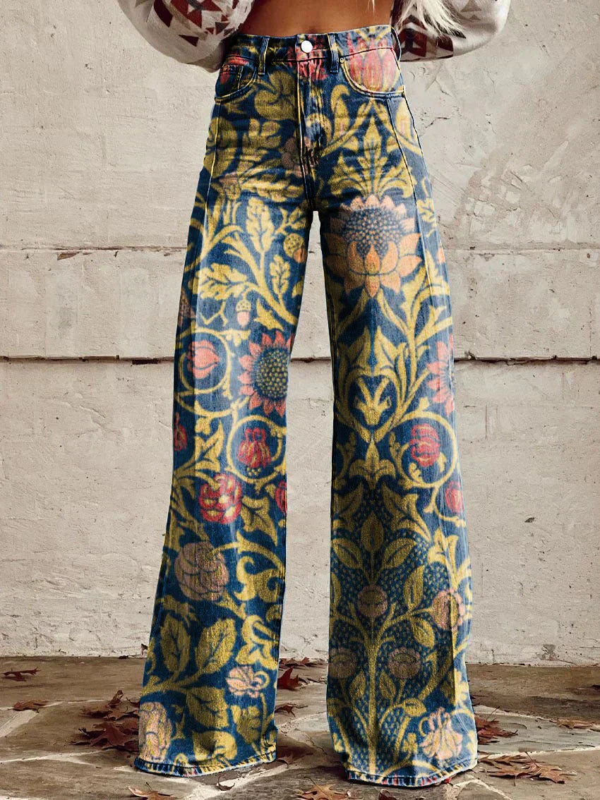 Ēden - Vintage Broek met Wijde Pijpen en Trendy Print