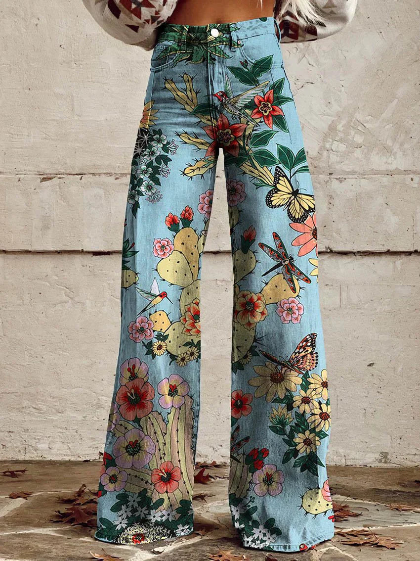 Ēden - Vintage Broek met Wijde Pijpen en Trendy Print