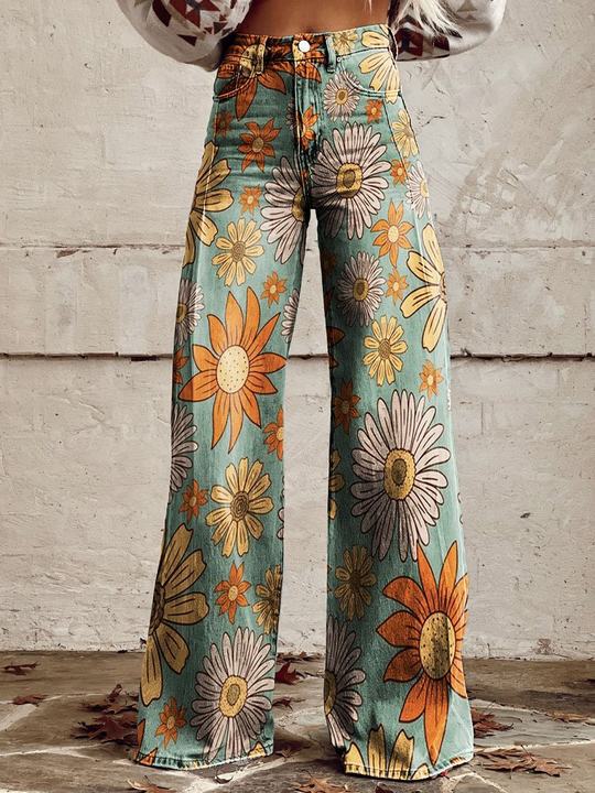 Ēden - Vintage Broek met Wijde Pijpen en Trendy Print