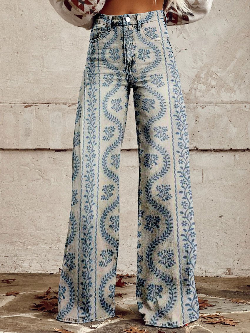 Ēden - Vintage Broek met Wijde Pijpen en Trendy Print