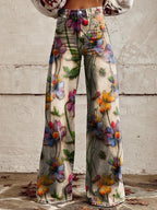 Ēden - Vintage Broek met Wijde Pijpen en Trendy Print