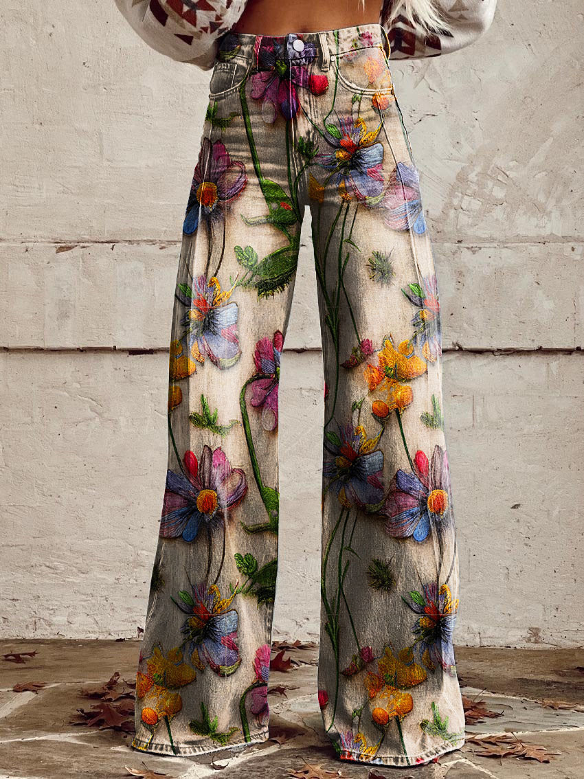 Ēden - Vintage Broek met Wijde Pijpen en Trendy Print