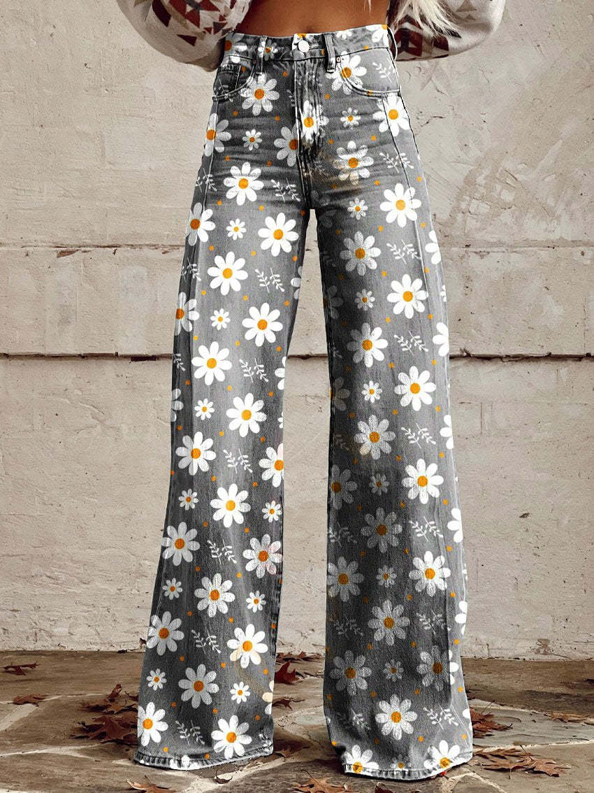Ēden - Vintage Broek met Wijde Pijpen en Trendy Print