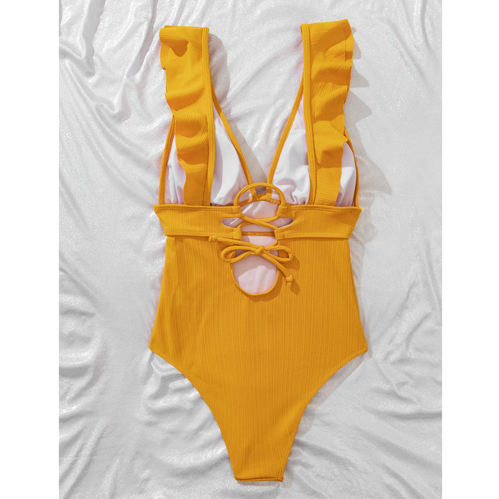 Boho Badpak Dames Stijlvol Sexy Zomerbadpak Met Ruches Lage V Hals En Touwtjes Rug Verkrijgbaar In 6 Kleuren