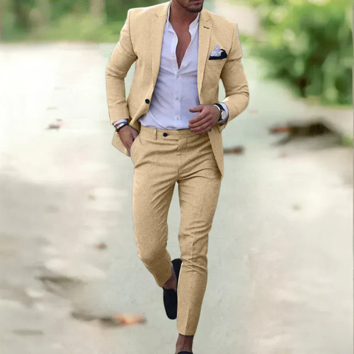 Ademend linnen herenpak - 2-delig slim fit voor zomer, bruiloften en kantoor 3