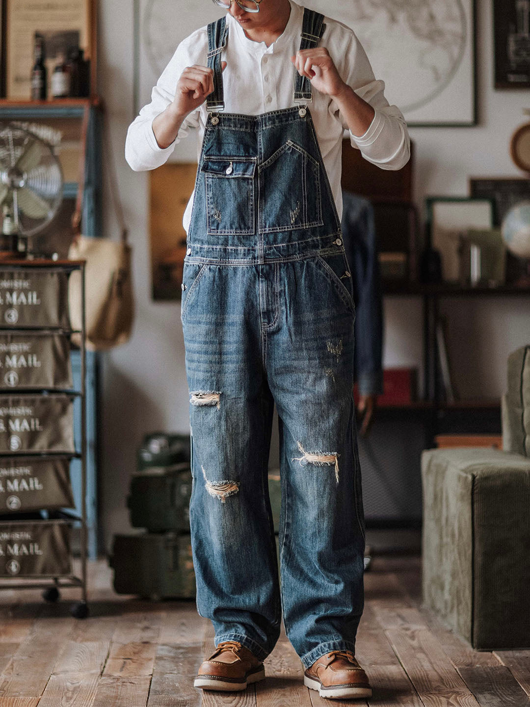 Ambachtelijke Versleten Denim Draagoveralls