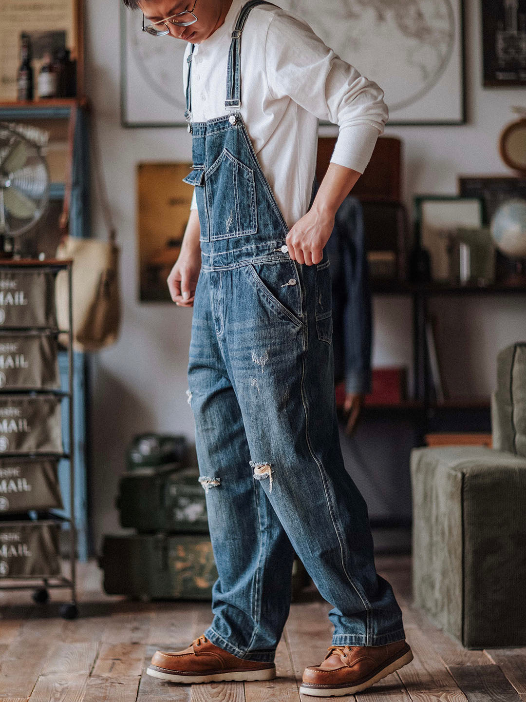 Ambachtelijke Versleten Denim Draagoveralls