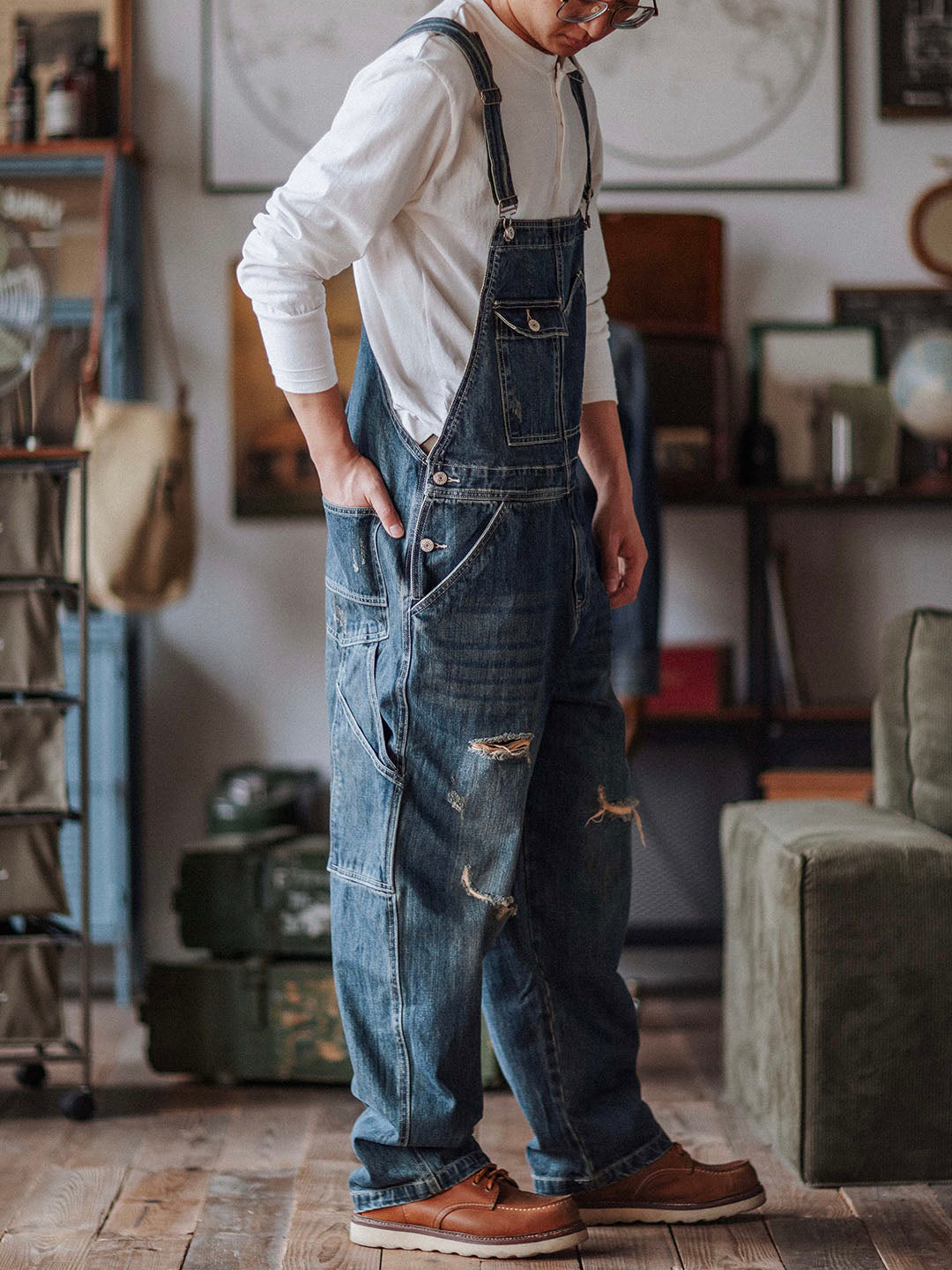 Ambachtelijke Versleten Denim Draagoveralls