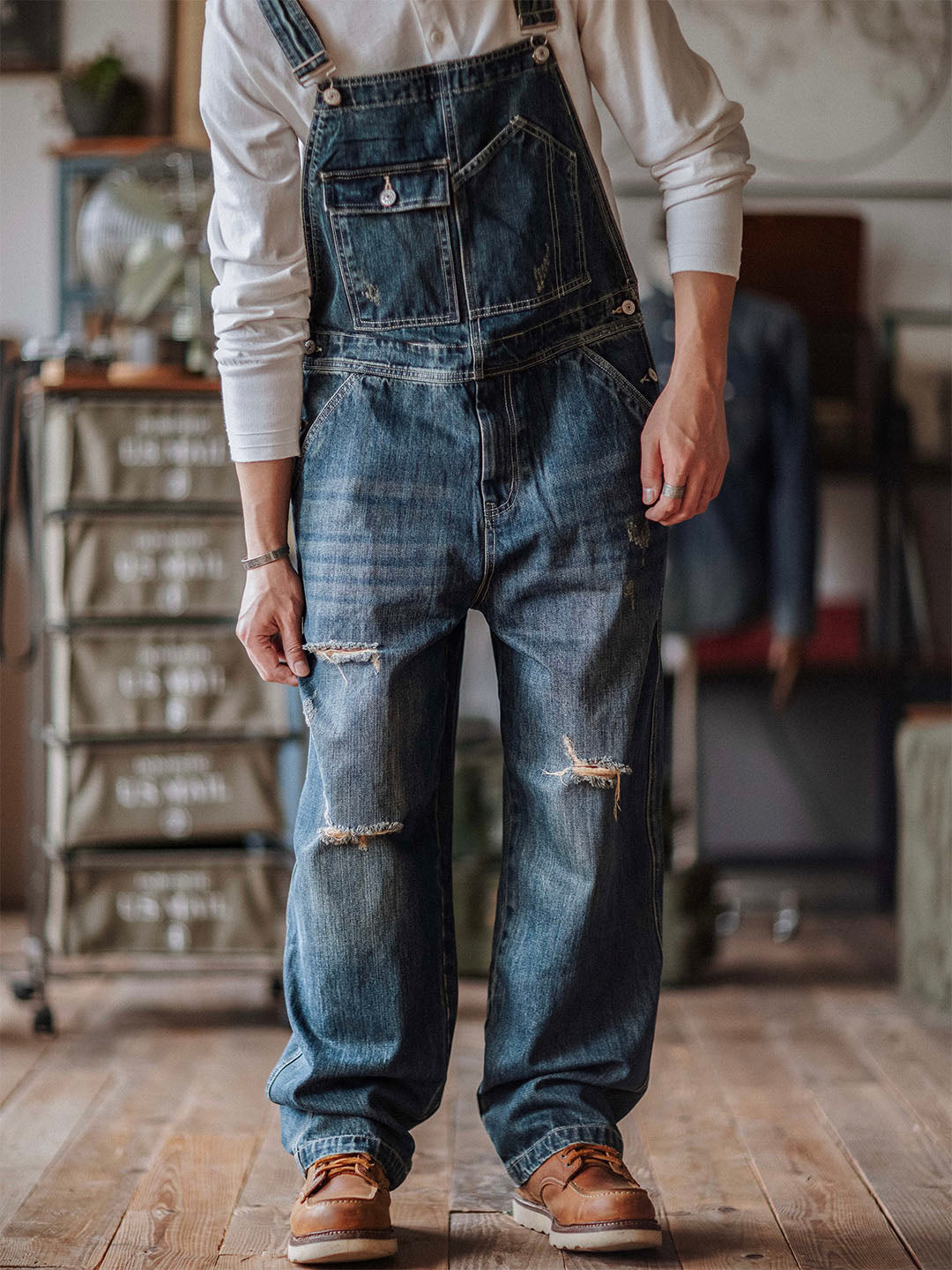 Ambachtelijke Versleten Denim Draagoveralls