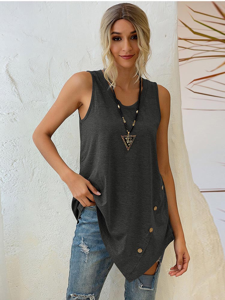 Asymmetrisch V-hals T-shirt Dames met Knopen en Losse Pasvorm 0