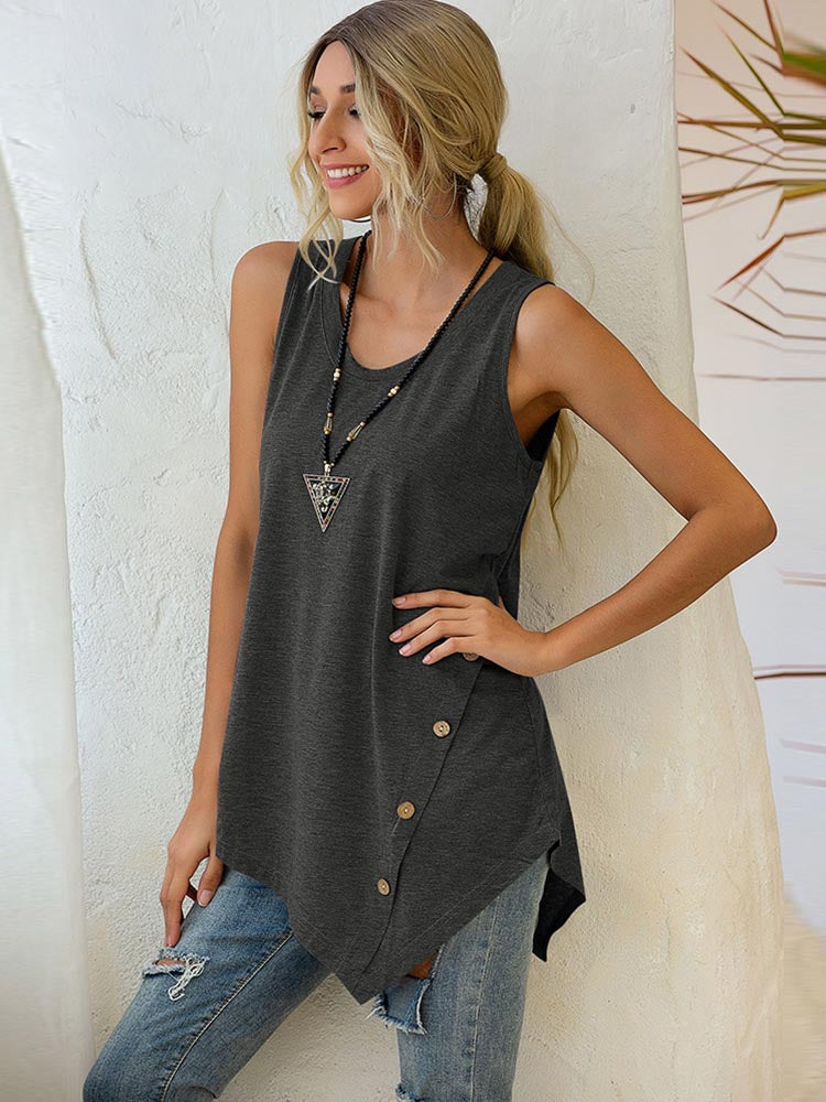 Asymmetrisch V-hals T-shirt Dames met Knopen en Losse Pasvorm 1