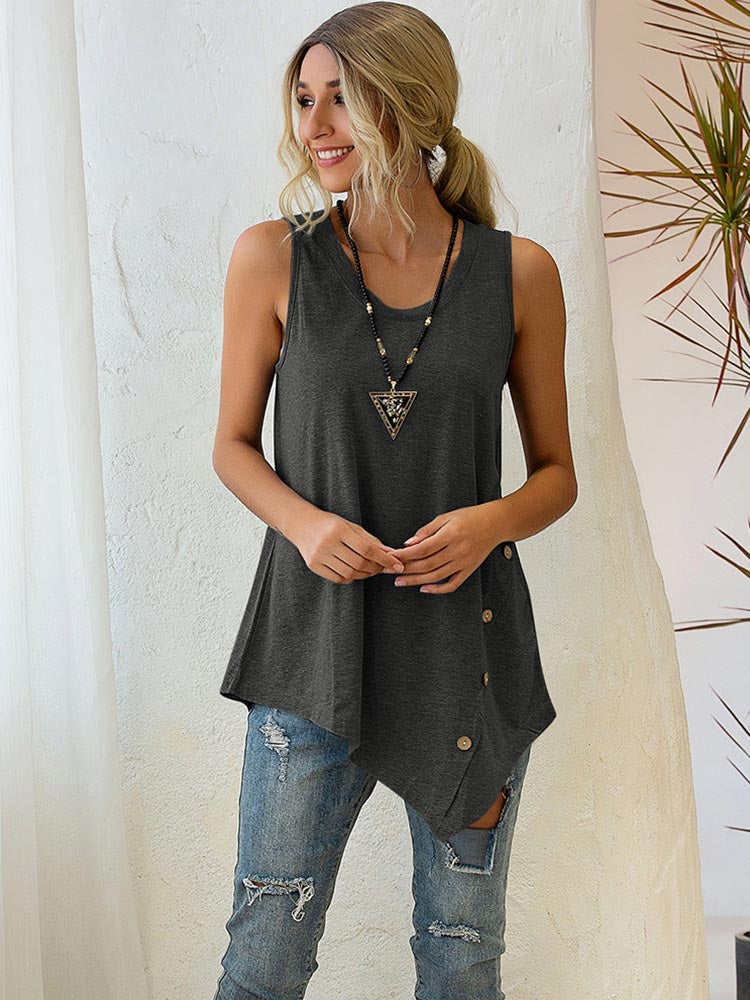 Asymmetrisch V-hals T-shirt Dames met Knopen en Losse Pasvorm 2