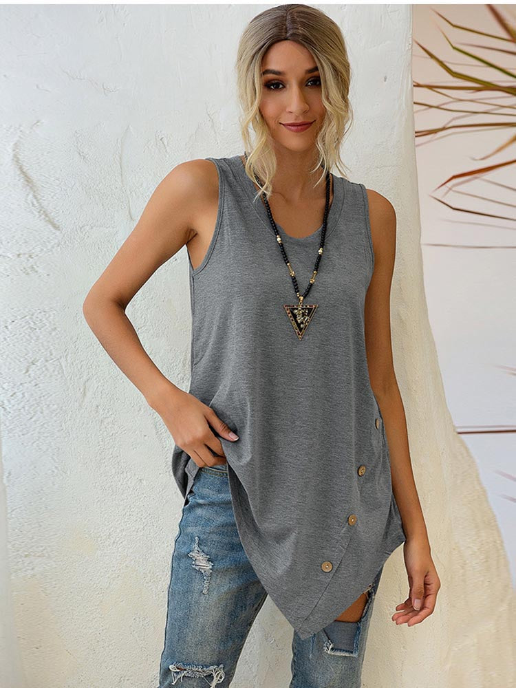 Asymmetrisch V-hals T-shirt Dames met Knopen en Losse Pasvorm 4