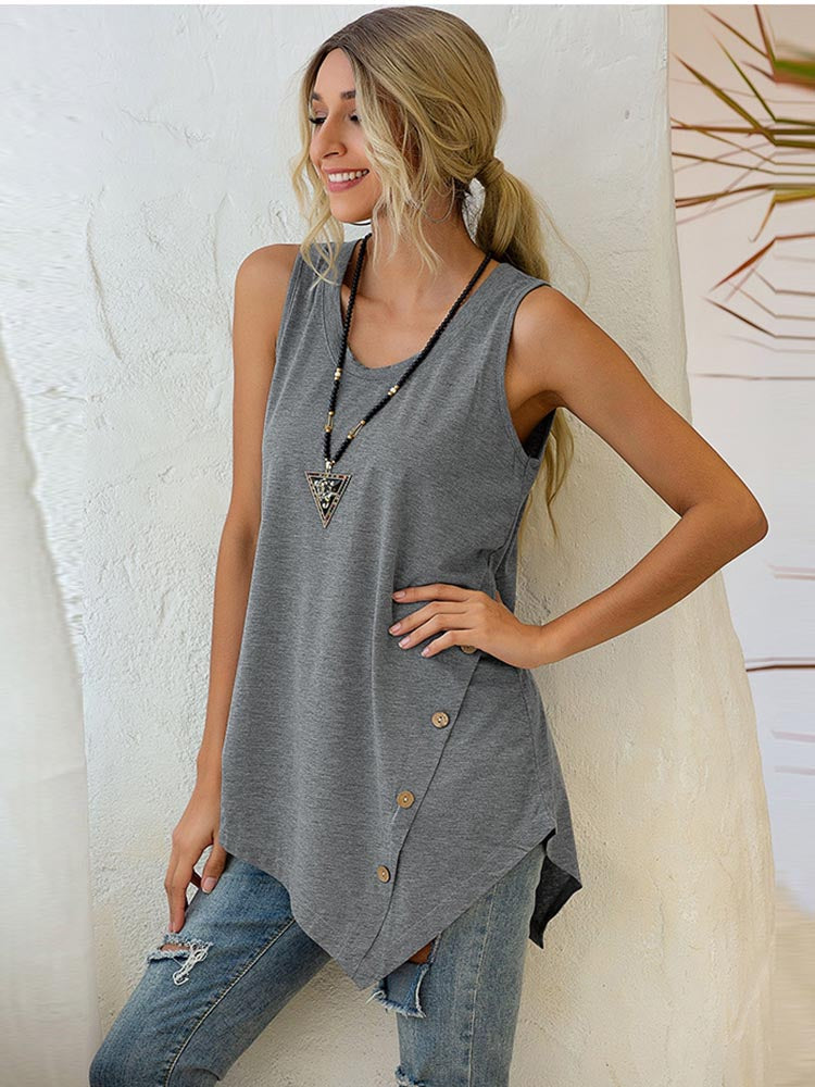 Asymmetrisch V-hals T-shirt Dames met Knopen en Losse Pasvorm 5