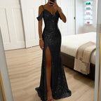 Avondjurk voor dames - Off-shoulder met pailletten - Getailleerd silhouet - V-hals, volledige lengte 4