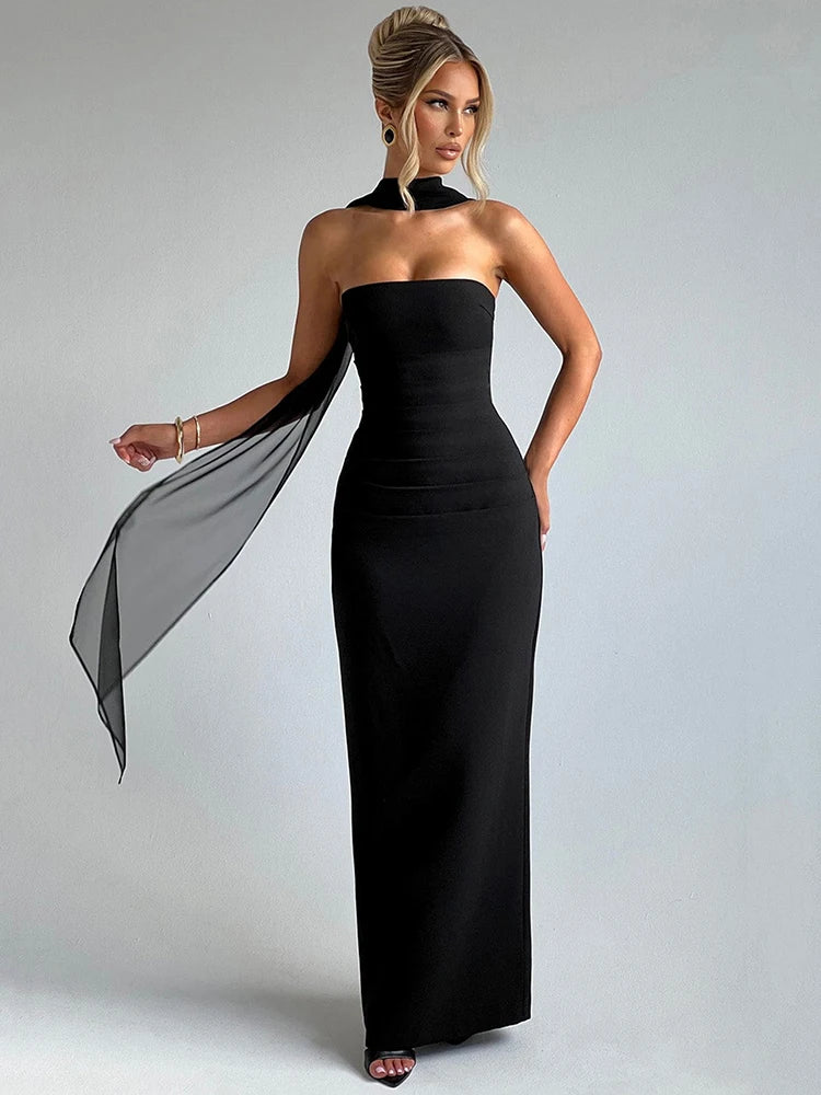 Avondjurk voor dames - Strapless, tot op de grond - Kolomsilhouet - Halter-sjaaldetail 1