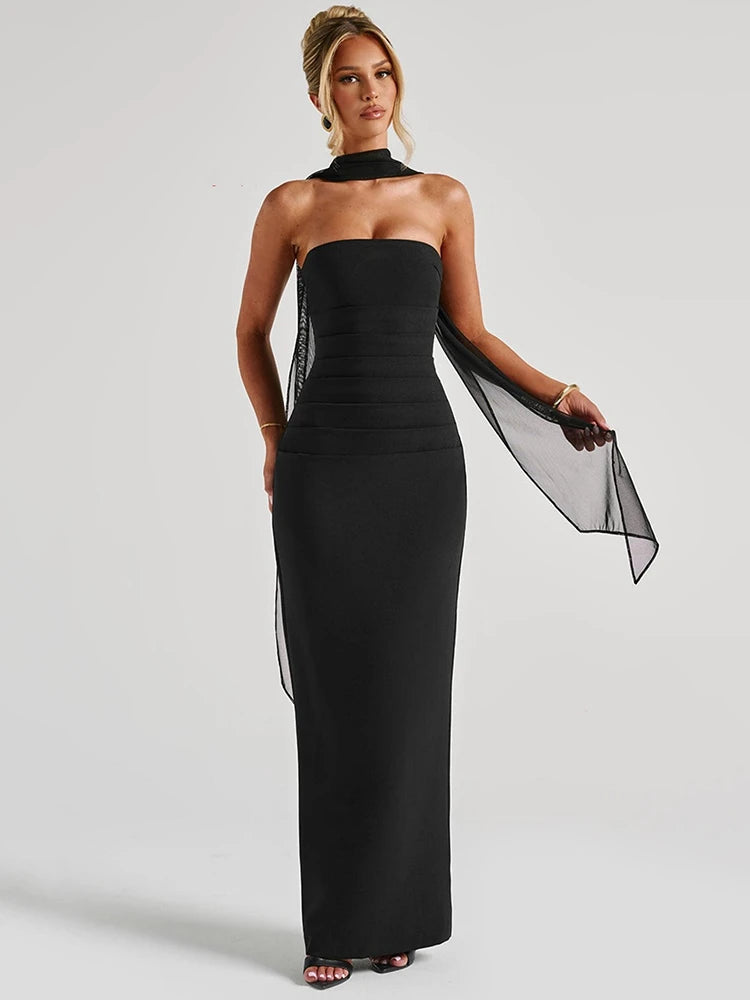 Avondjurk voor dames - Strapless, tot op de grond - Kolomsilhouet - Halter-sjaaldetail 2