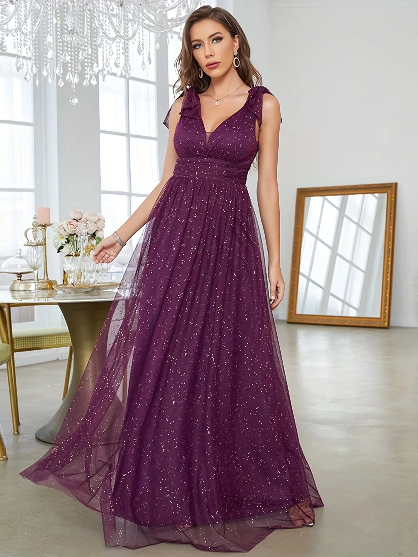 Avondjurk voor dames - V-hals, mouwloos - Met glitters versierd - Elegante jurk tot op de grond 6