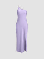 Dames Slip Dress – Zijdezachte Satijnlook – One-Shoulder – Midi Lengte – Met Split