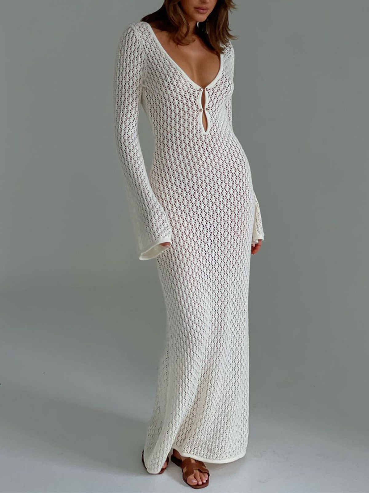 Dames Maxi Jurk – Gehaakt Design – V-Hals met Strikdetail – Losvallende Pasvorm