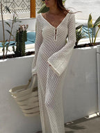 Dames Maxi Jurk – Gehaakt Design – V-Hals met Strikdetail – Losvallende Pasvorm