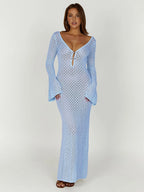 Dames Maxi Jurk – Gehaakt Design – V-Hals met Strikdetail – Losvallende Pasvorm