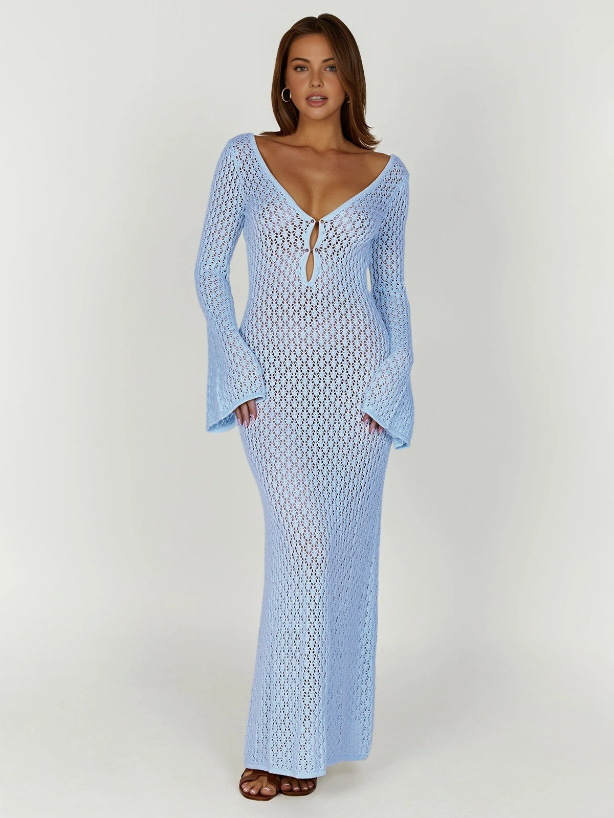 Dames Maxi Jurk – Gehaakt Design – V-Hals met Strikdetail – Losvallende Pasvorm