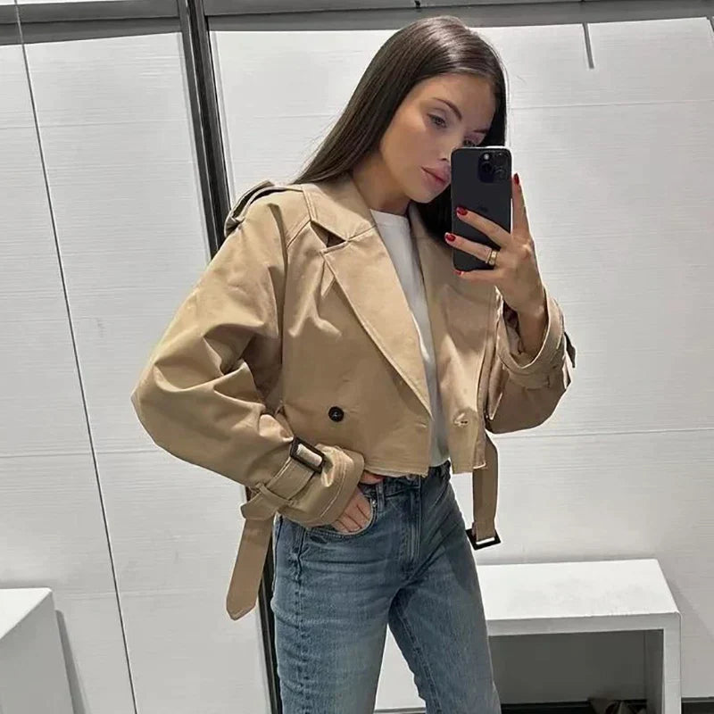 Dames Cropped Trench Coat Relaxed Fit Dubbelzijdig Mouwen