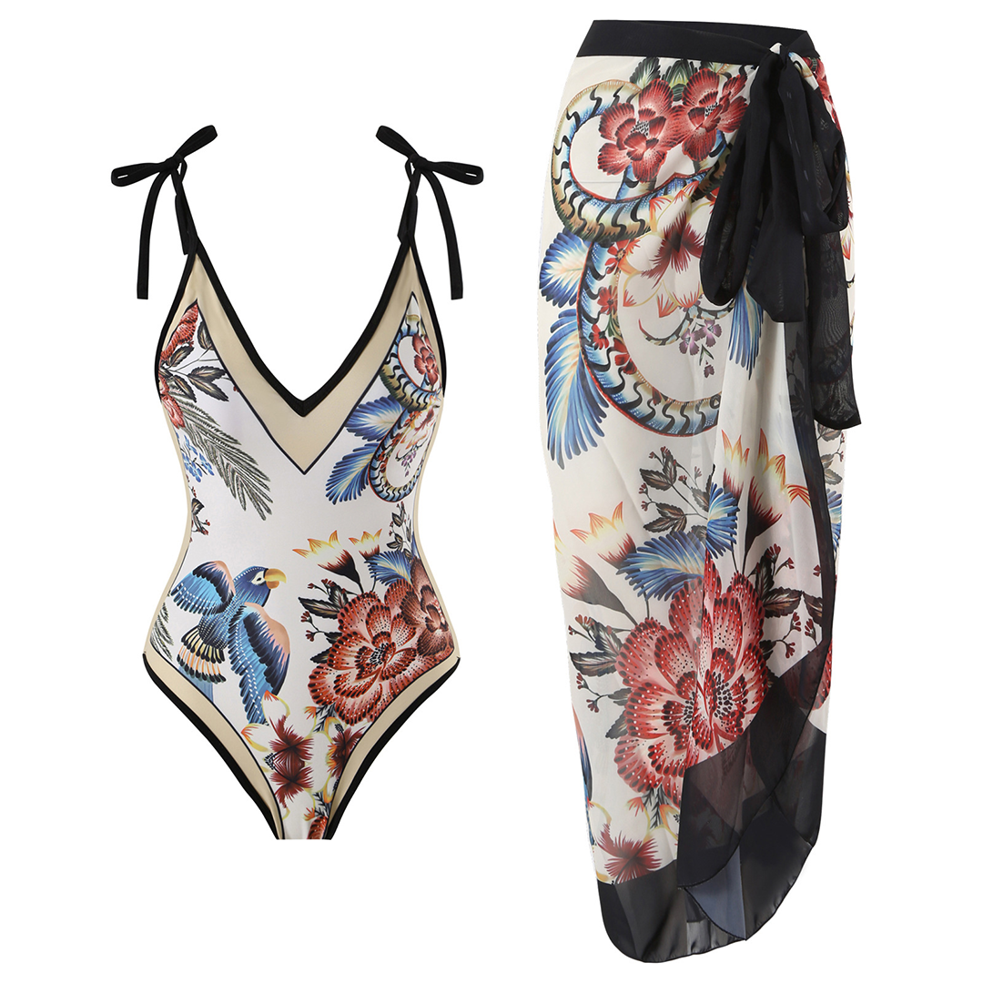 WaveGrace Vintage Badpak met Ruffles voor Dames met Diepe V-hals en Unieke Retro Print