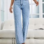 Blauwe Dames Jeans met Faux Parels - Rechtdoorlopend Comfort 0