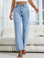 Blauwe Dames Jeans met Faux Parels - Rechtdoorlopend Comfort 1