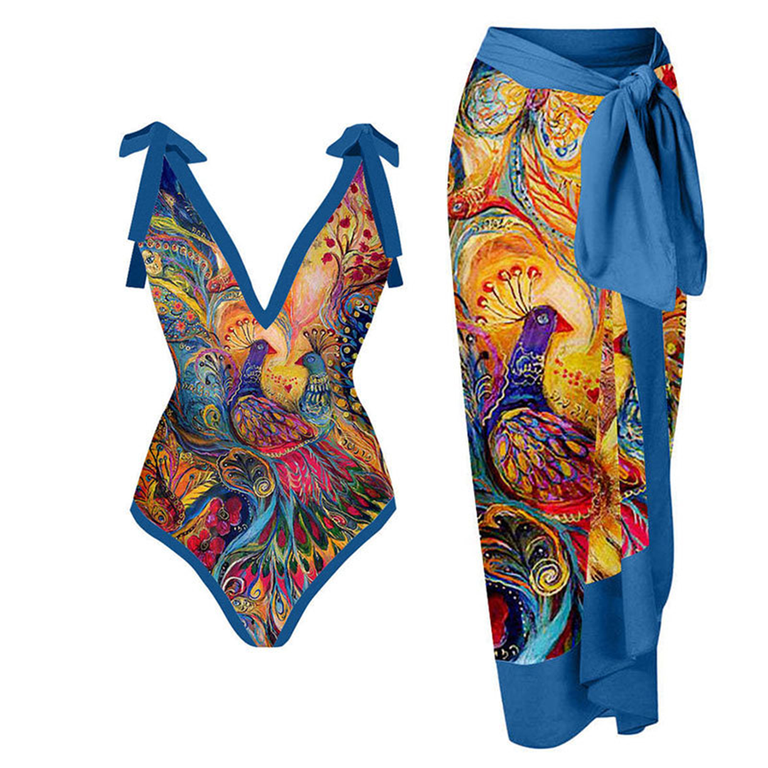 WaveGrace Vintage Badpak met Ruffles voor Dames met Diepe V-hals en Unieke Retro Print