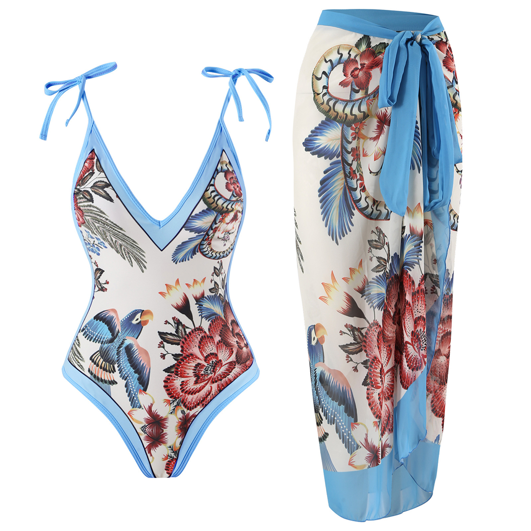 WaveGrace Vintage Badpak met Ruffles voor Dames met Diepe V-hals en Unieke Retro Print