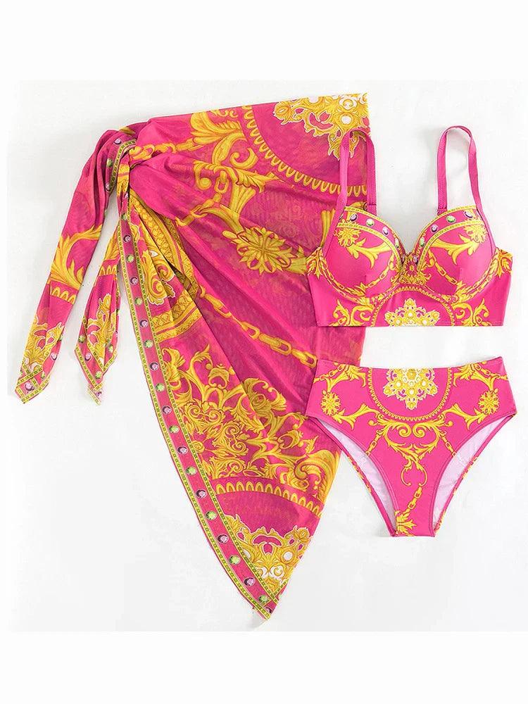 Bohemian Hoge Taille Bikini Set Dames met Doorzichtige Cover-Up 2