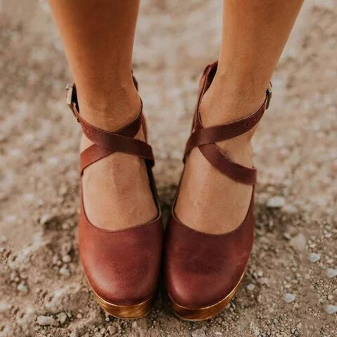 Wedge Hak Schoenen Dames Gesloten Neus Enkelsluiting Leren