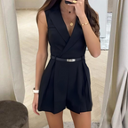 Dames Mouwloze Romper Met Wikkel V-Hals En Ceintuur Taille Voor Een Flatterende Pasvorm En Plissé Shorts Stijl