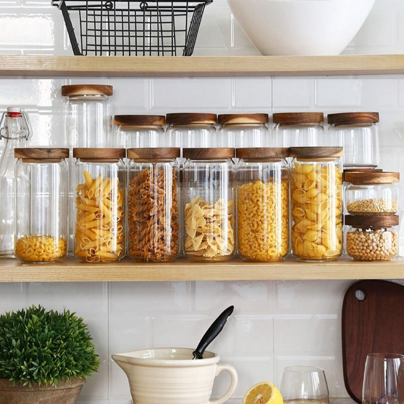 Glazen Voedselopslagpotten van Borosilicaatglas met Acaciahouten Deksels – Stapelbare Keukencontainers voor Gedroogde Voedingsmiddelen