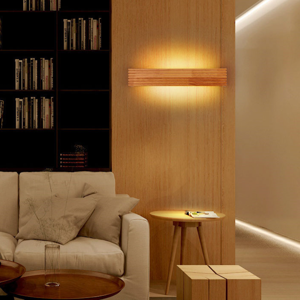Rechthoekige LED wandlamp van hout Japan