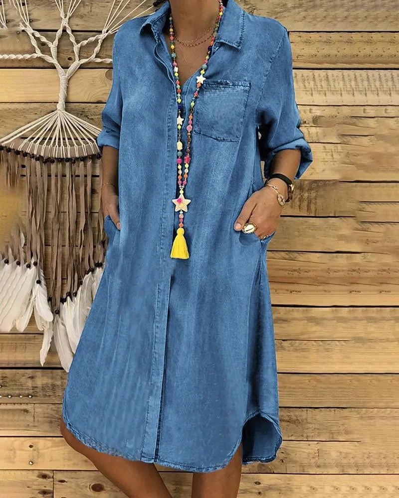 Casual Denim Blousejurk Met Knoopsluiting, Ronde Hals, Opgerolde Mouwen En Praktische Zakken Voor Een Comfortabele En Stijlvolle Look