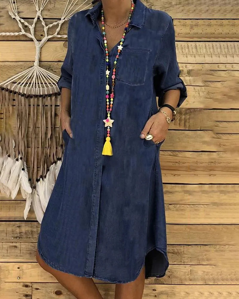 Casual Denim Blousejurk Met Knoopsluiting, Ronde Hals, Opgerolde Mouwen En Praktische Zakken Voor Een Comfortabele En Stijlvolle Look