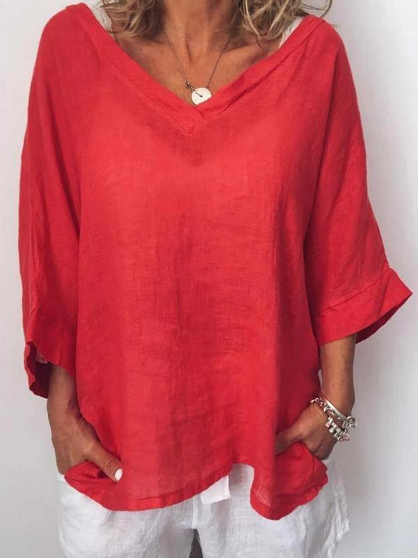 Casual V-hals Top met 3/4 Mouwen van 100% Polyester – Comfortabel en Ademend 0