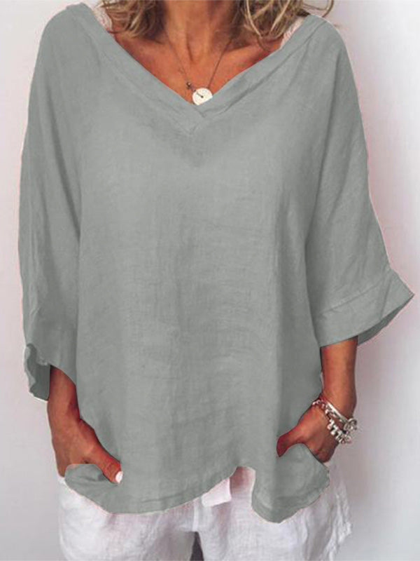 Casual V-hals Top met 3/4 Mouwen van 100% Polyester – Comfortabel en Ademend 1