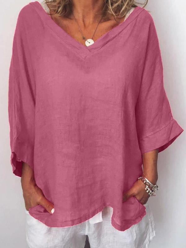 Casual V-hals Top met 3/4 Mouwen van 100% Polyester – Comfortabel en Ademend 3