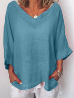 Casual V-hals Top met 3/4 Mouwen van 100% Polyester – Comfortabel en Ademend 4
