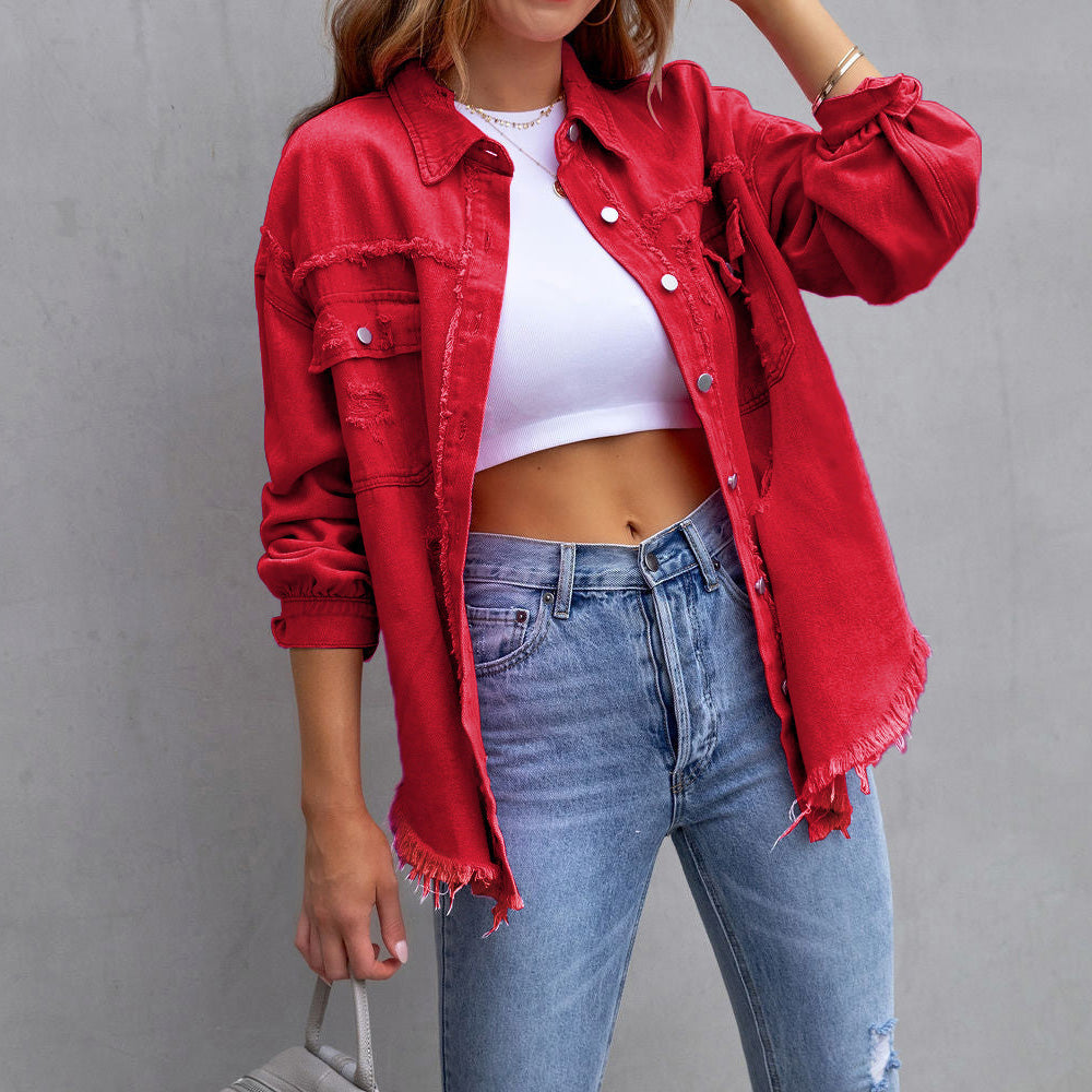 Casual distressed denim jack voor dames 0