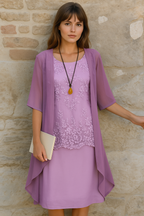 Elodie Elegante Tweedelige Chiffon Jurk Set Met Bijpassend Vestje In Hemelsblauw Geel En Paars Voor Vrouwelijke Elegantie En Comfort