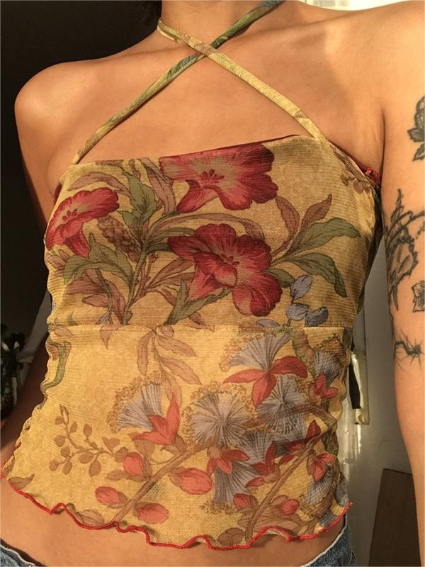 Crop top met bloemenpatroon en halternek van mesh 0