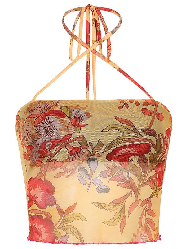 Crop top met bloemenpatroon en halternek van mesh 3